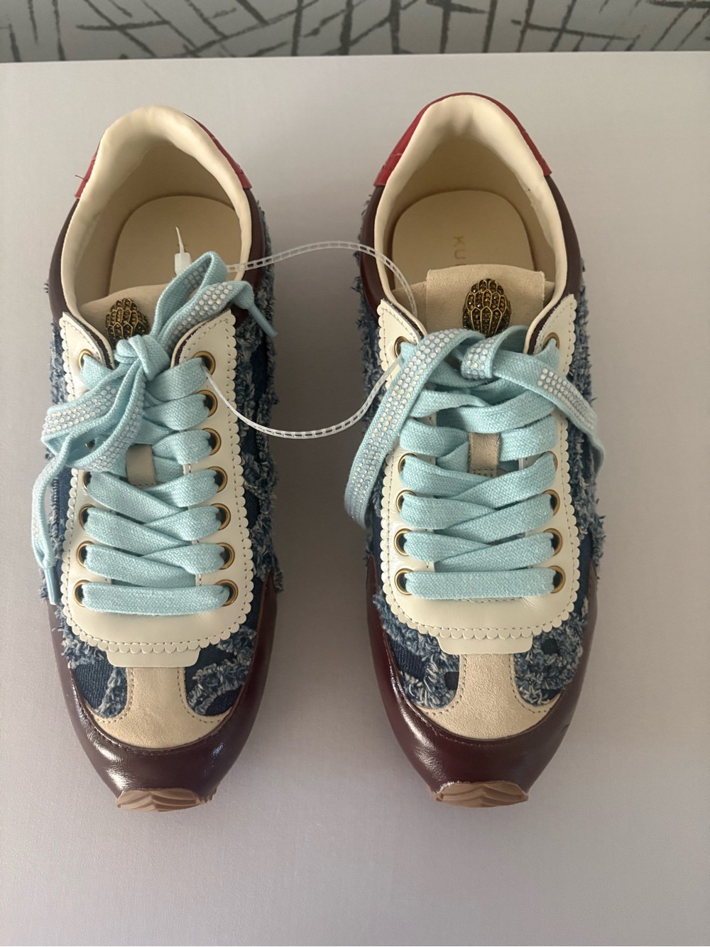 Kurt Geiger London Islington Frayed Denim Sneaker with Leather Accents . - Picture 2 of 13